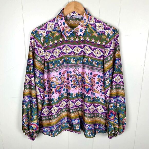 Zara Satin Women’s XS Floral Abstract Button Down Shirt Top Blouse Collared - Picture 1 of 5